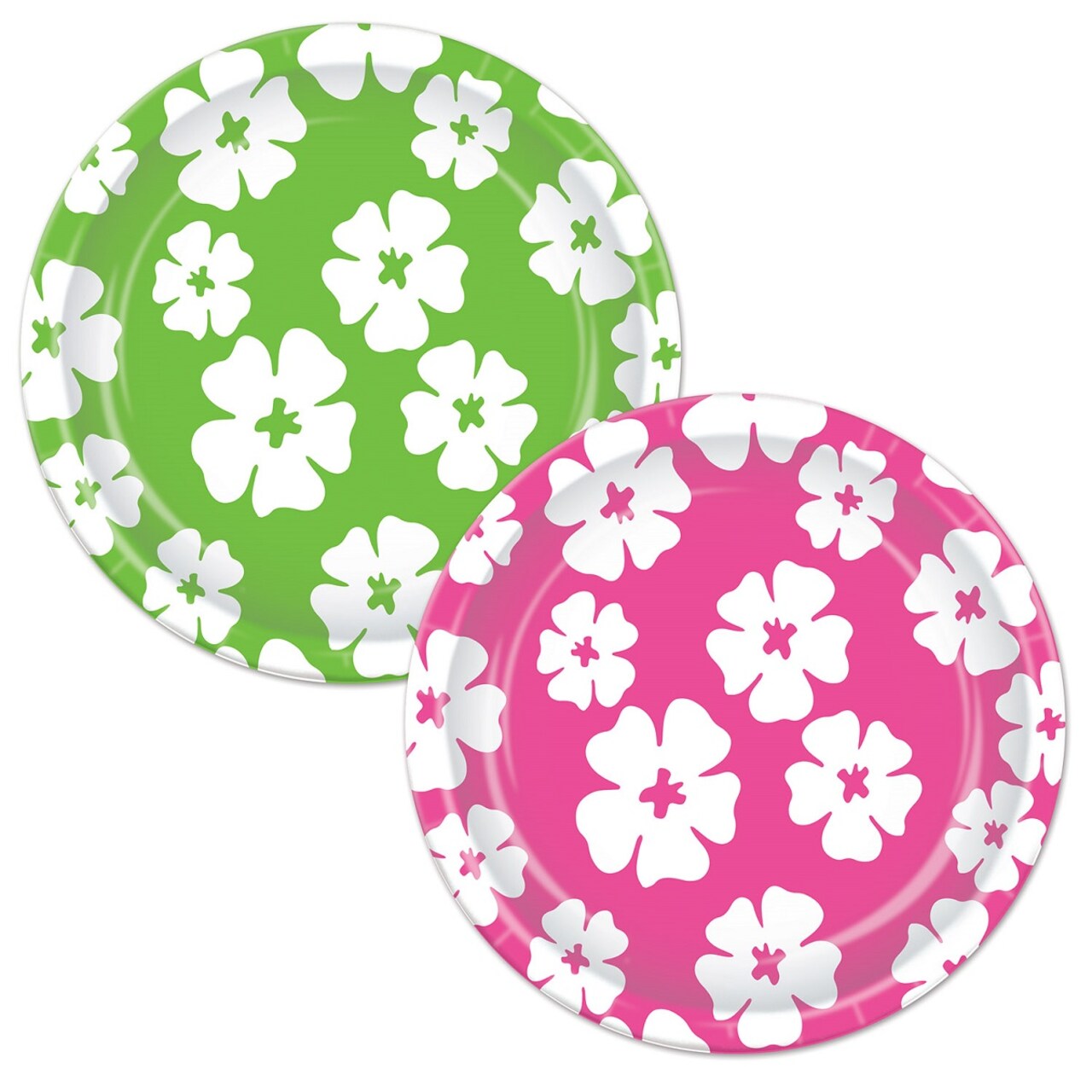 Party Central Club Pack of 96 Green and Pink Disposable Hibiscus Flower Paper Party Banquet Dessert Plates 7"